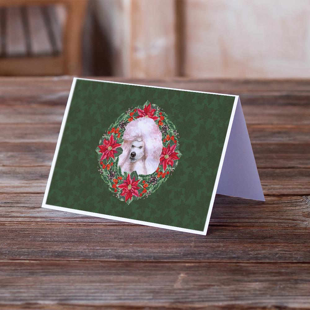 White Standard Poodle Poinsetta Wreath Greeting Cards Pack of 8 Blank Cards with Envelopes Whimsical A7 Size 5x7
