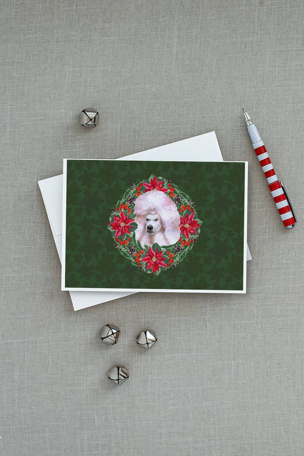 White Standard Poodle Poinsetta Wreath Greeting Cards Pack of 8 Blank Cards with Envelopes Whimsical A7 Size 5x7