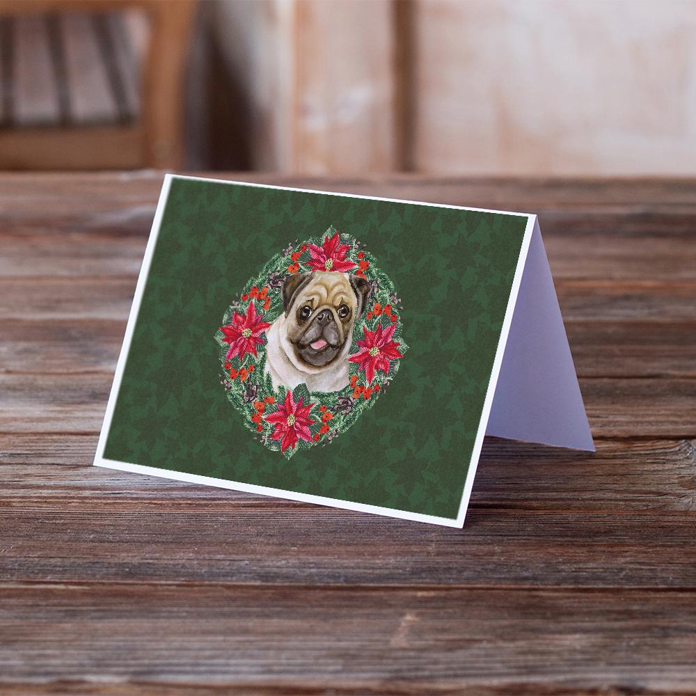 Fawn Pug Poinsetta Wreath Greeting Cards Pack of 8 Blank Cards with Envelopes Whimsical A7 Size 5x7