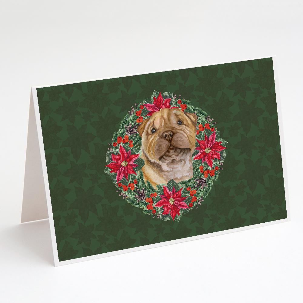 Shar Pei Puppy Poinsetta Wreath Greeting Cards Pack of 8 Blank Cards with Envelopes Whimsical A7 Size 5x7