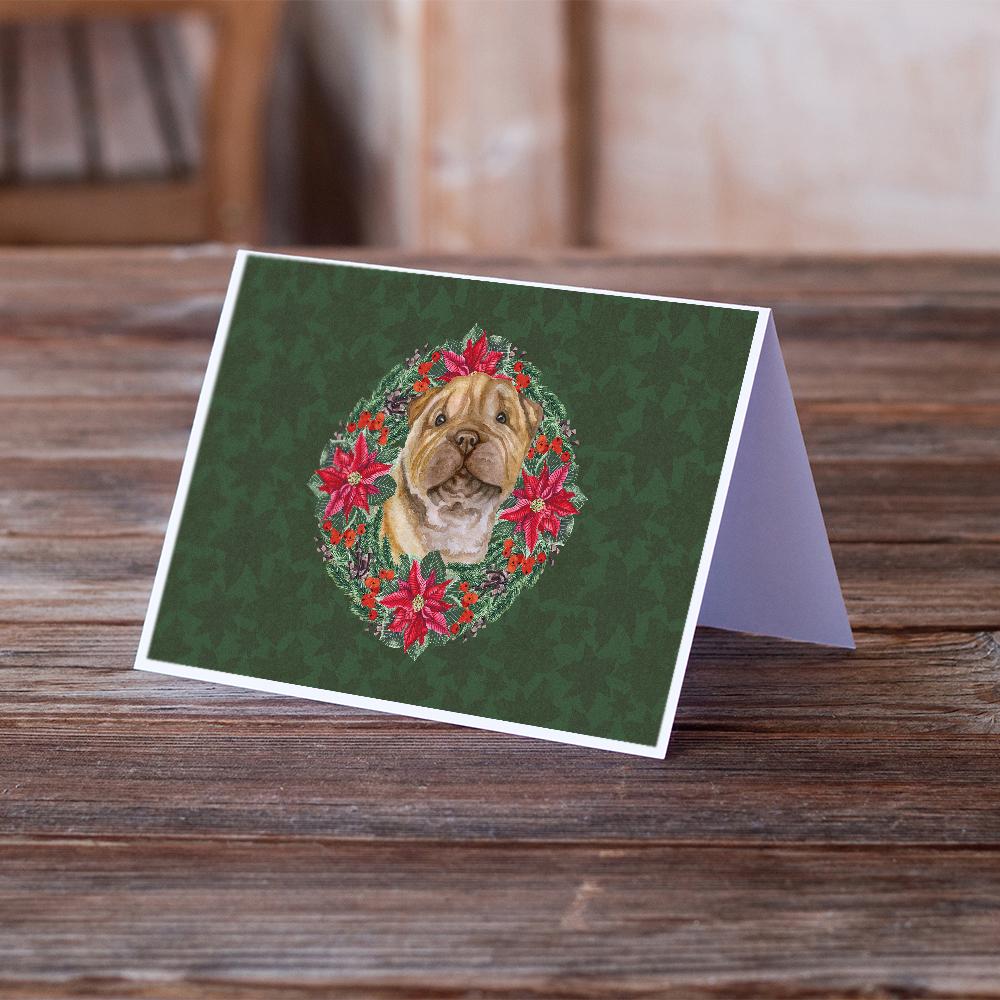 Shar Pei Puppy Poinsetta Wreath Greeting Cards Pack of 8 Blank Cards with Envelopes Whimsical A7 Size 5x7