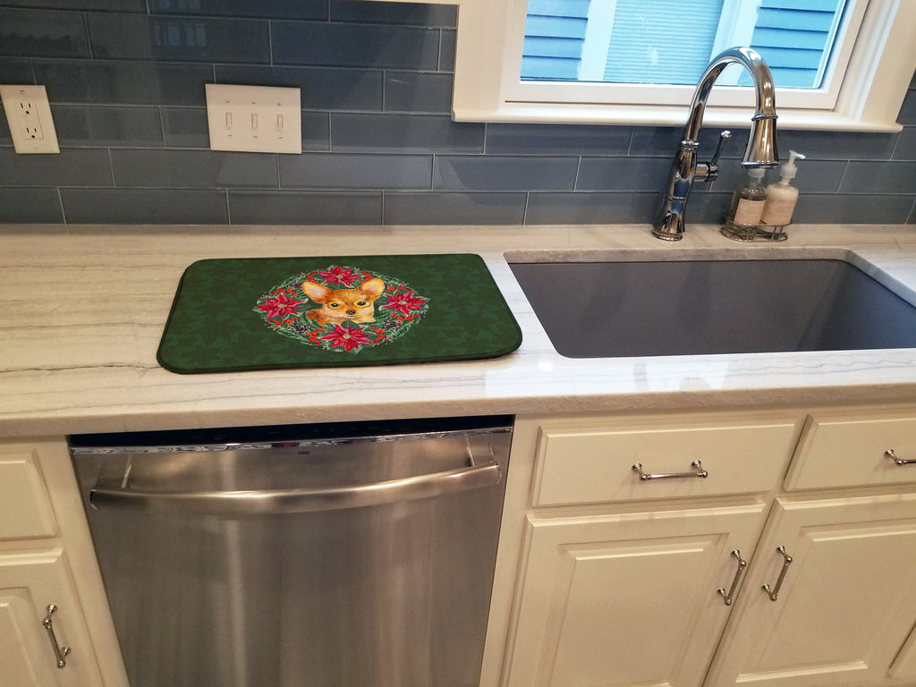 Toy Terrier Poinsetta Wreath Dish Drying Mat Absorbent Dish Drying Mat Pad for Kitchen Counter Dish Drainer Mat for Countertop, 14 x 21", Multicolor