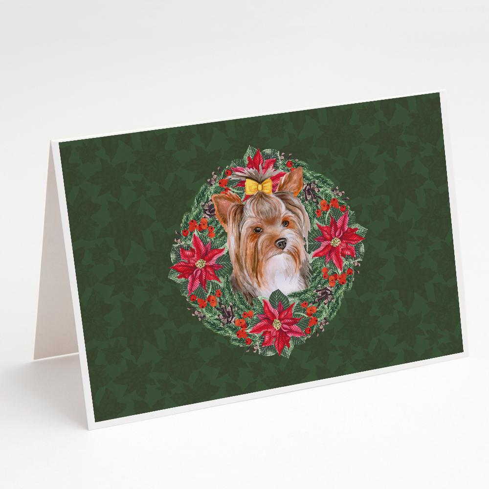 Yorkshire Terrier #2 Poinsetta Wreath Greeting Cards Pack of 8 Blank Cards with Envelopes Whimsical A7 Size 5x7