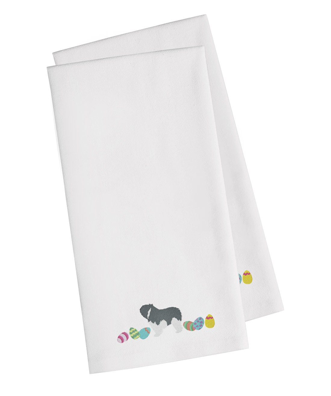 Polish Lowland Sheepdog Easter White Embroidered Towel Set of 2 Decorative Bathroom Guest Hand Towel for Hand, Face, Tea, Dishcloth, 19 X 25, White