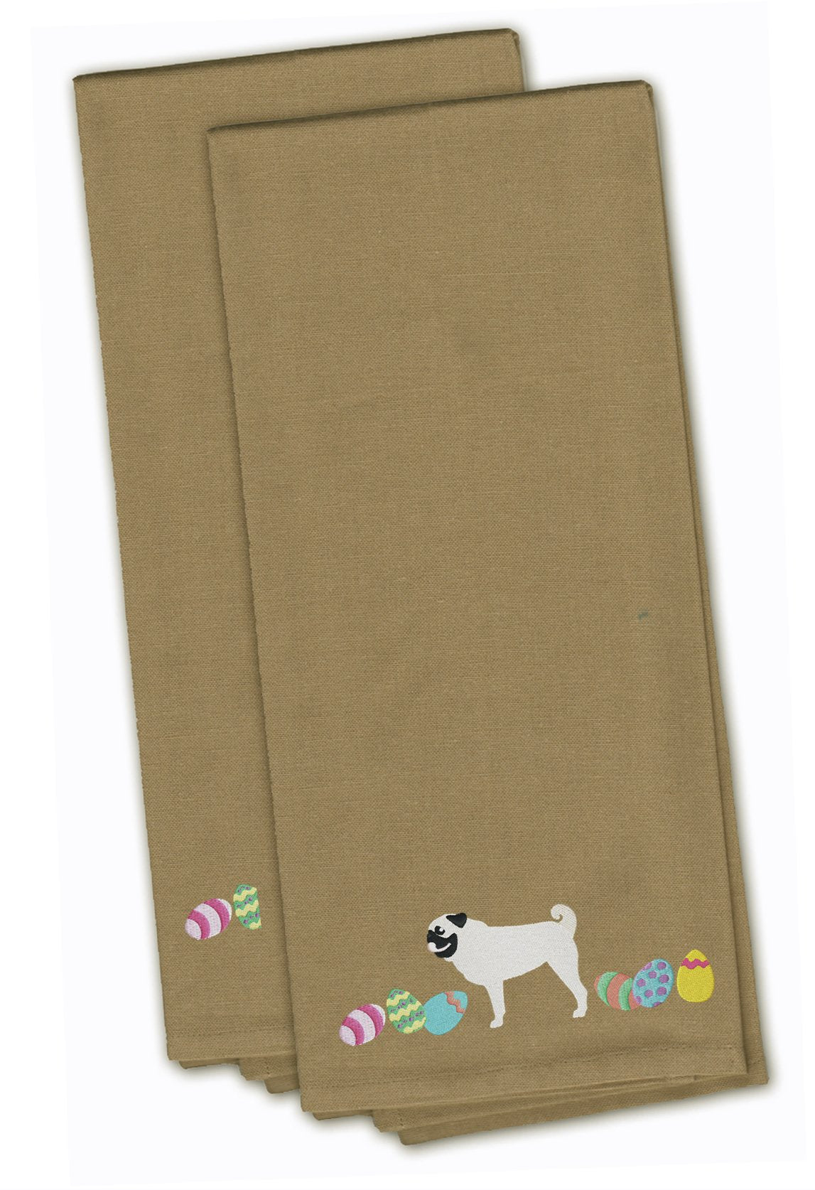 Pug Easter Tan Embroidered Towel Set of 2 Decorative Bathroom Guest Hand Towel for Hand, Face, Tea, Dishcloth, 19 X 25, Tan