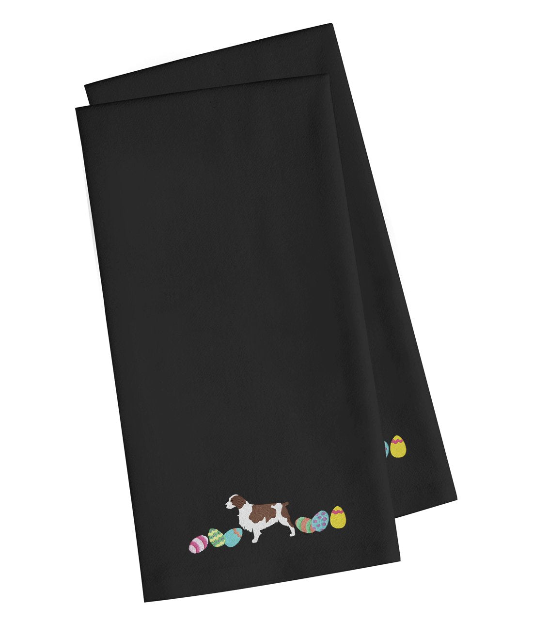 Welsh Springer Spaniel Easter Black Embroidered Towel Set of 2 Decorative Bathroom Guest Hand Towel for Hand, Face, Tea, Dishcloth, 19 X 25, Black
