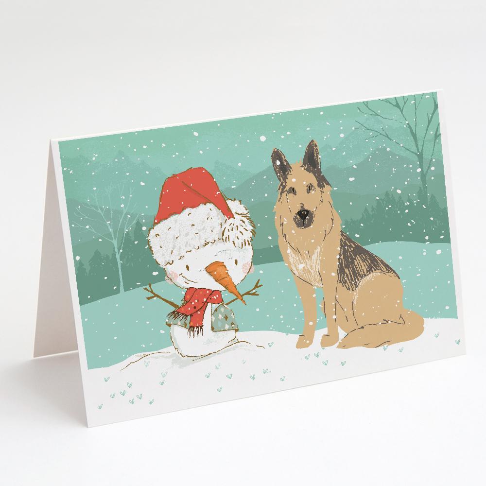 German Shepherd and Snowman Christmas Greeting Cards Pack of 8 Blank Cards with Envelopes Whimsical A7 Size 5x7