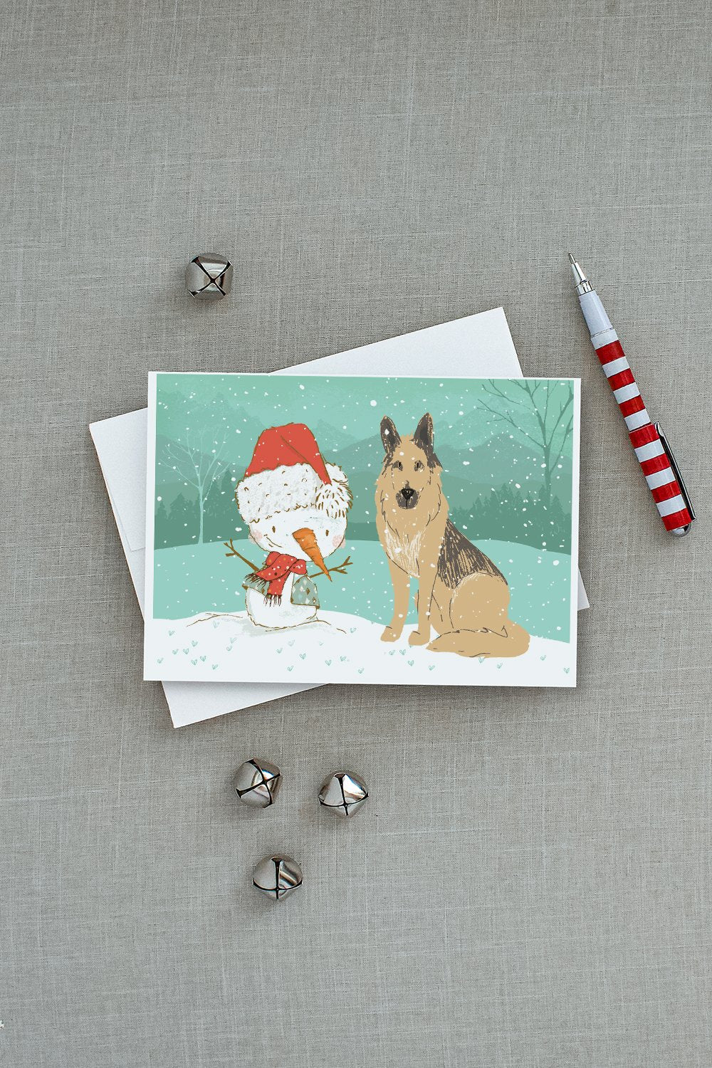 German Shepherd and Snowman Christmas Greeting Cards Pack of 8 Blank Cards with Envelopes Whimsical A7 Size 5x7