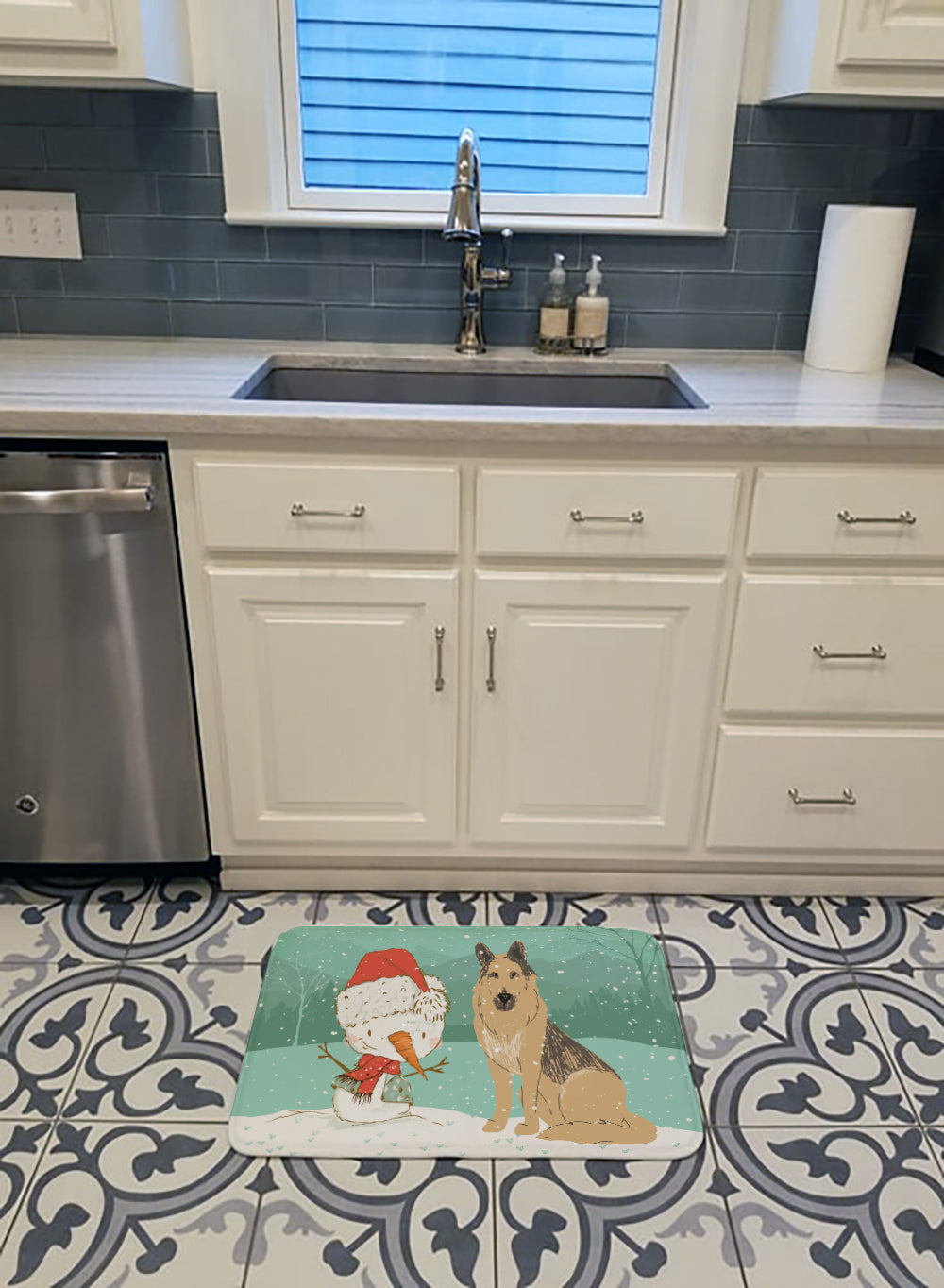 German Shepherd and Snowman Christmas Memory Foam Kitchen Mat Machine Washable Anti-Fatigue Cushion Comfort Bath or Kitchen Rug
