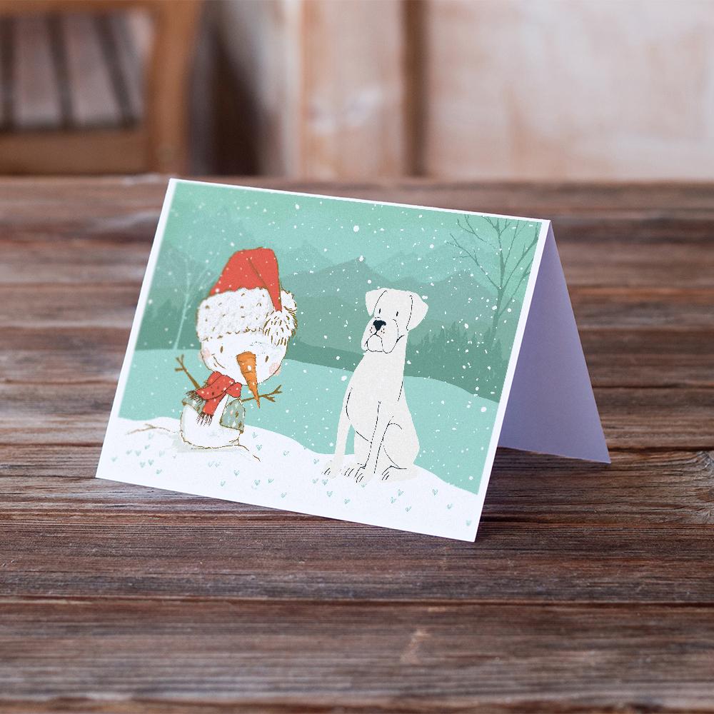 White Boxer and Snowman Christmas Greeting Cards Pack of 8 Blank Cards with Envelopes Whimsical A7 Size 5x7