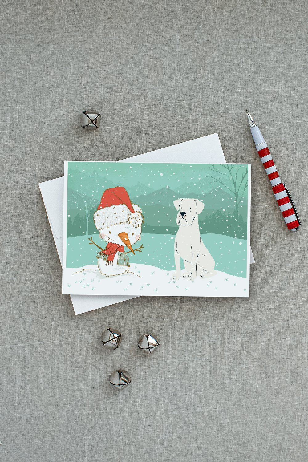 White Boxer and Snowman Christmas Greeting Cards Pack of 8 Blank Cards with Envelopes Whimsical A7 Size 5x7