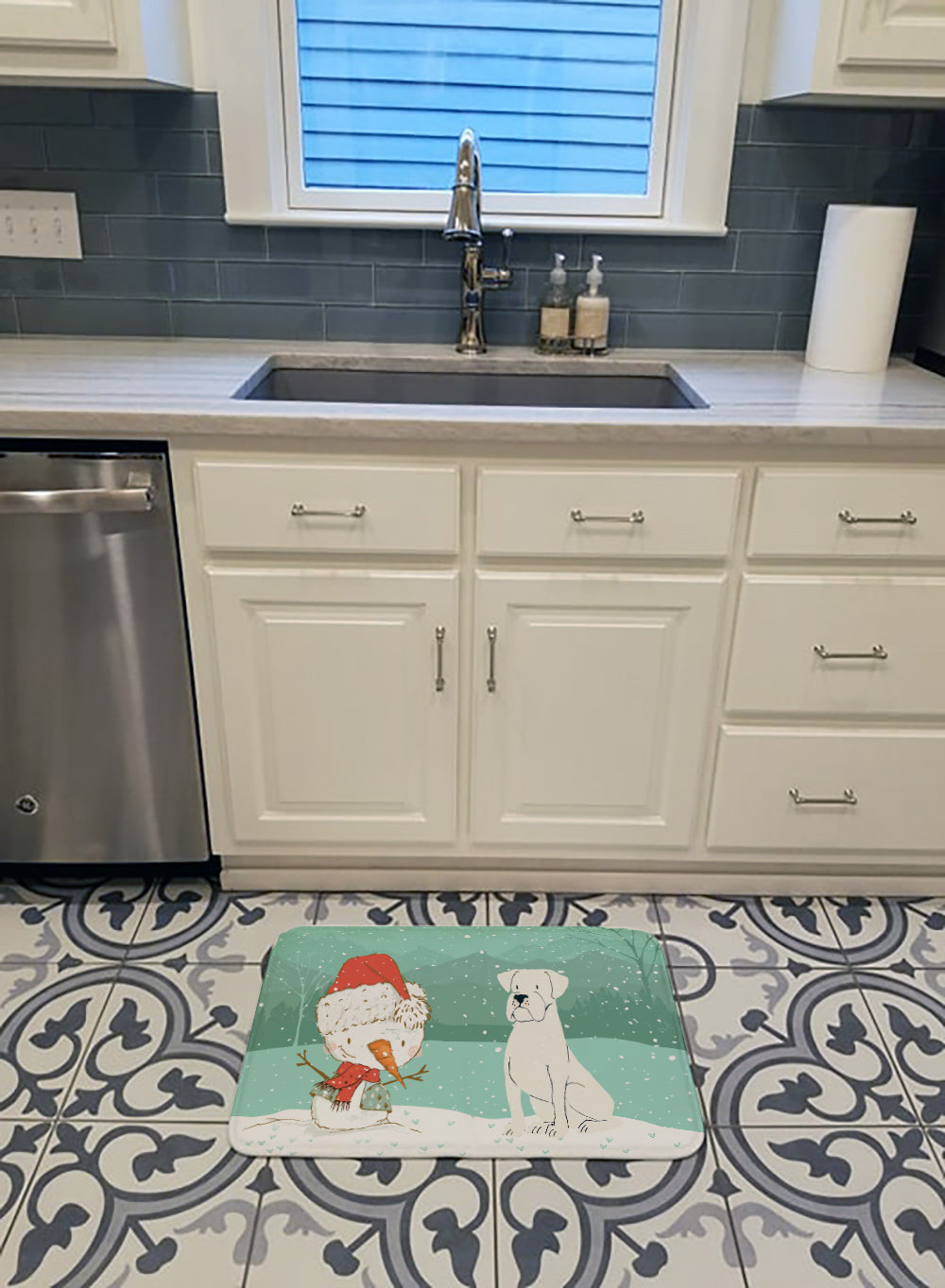 White Boxer and Snowman Christmas Memory Foam Kitchen Mat Machine Washable Anti-Fatigue Cushion Comfort Bath or Kitchen Rug