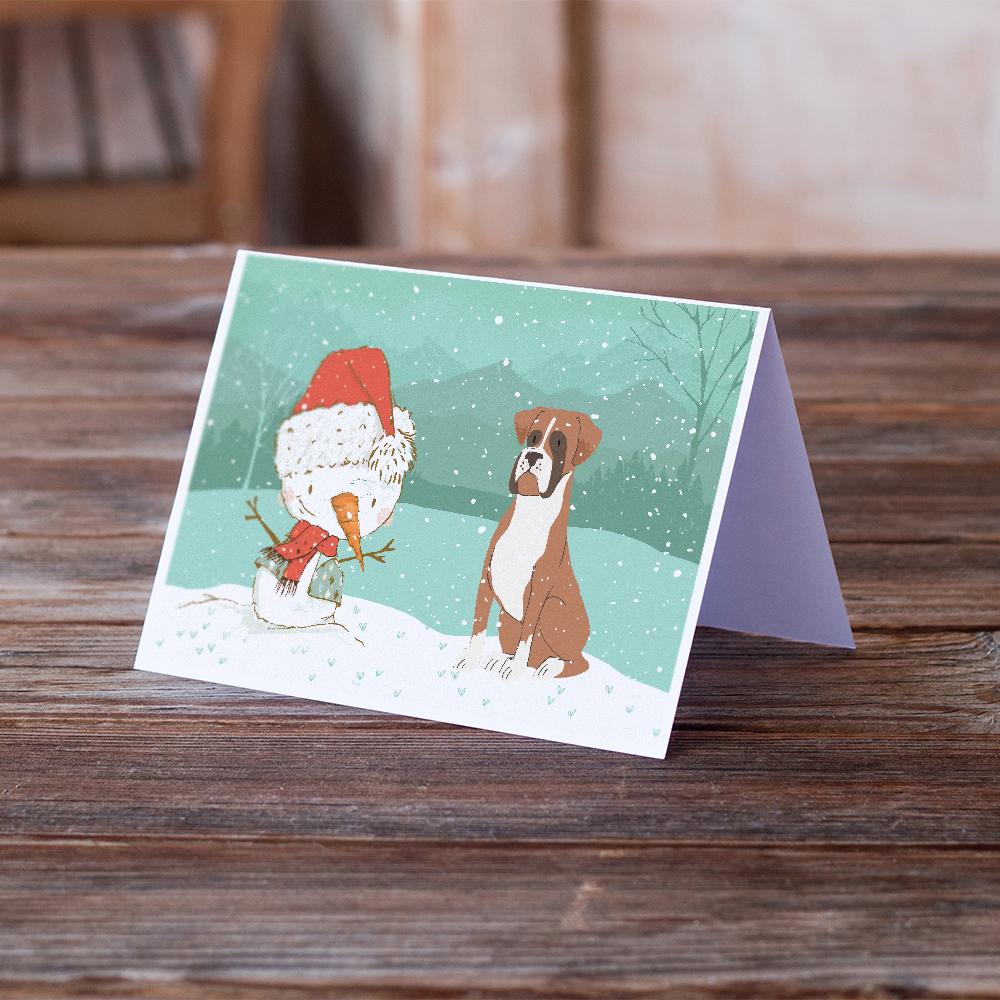 Fawn Boxer and Snowman Christmas Greeting Cards Pack of 8 Blank Cards with Envelopes Whimsical A7 Size 5x7
