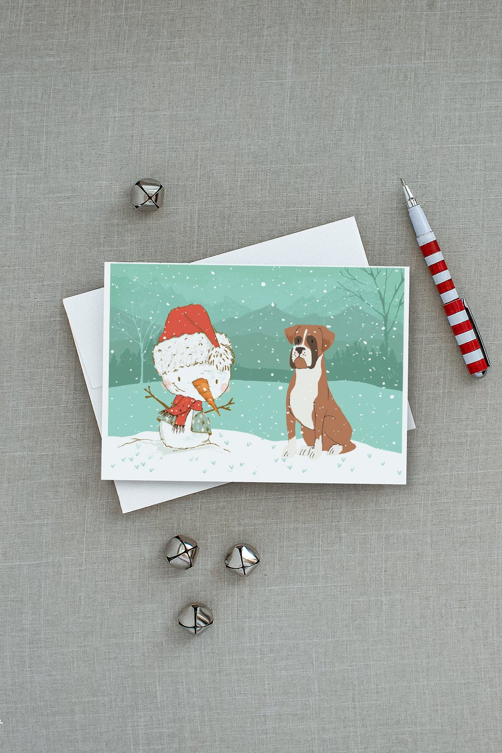 Fawn Boxer and Snowman Christmas Greeting Cards Pack of 8 Blank Cards with Envelopes Whimsical A7 Size 5x7
