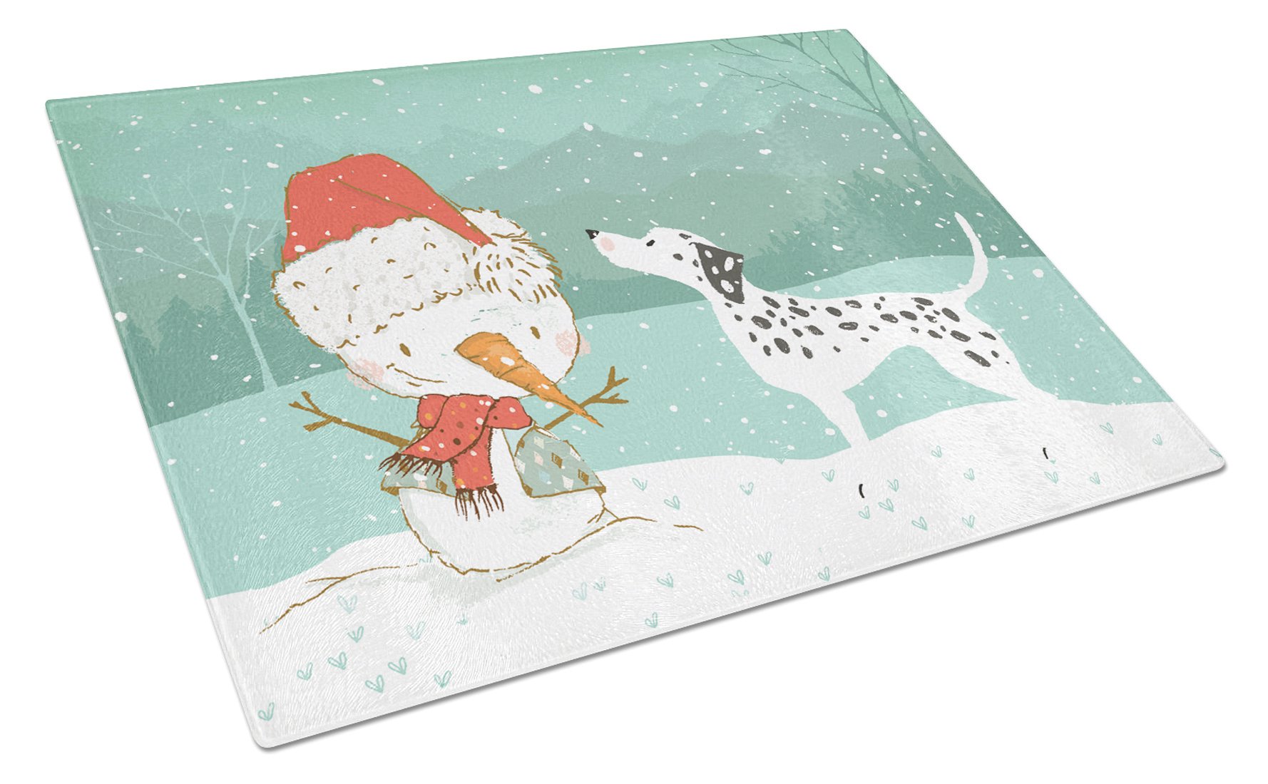 Dalmatian and Snowman Christmas Cutting Board Tempered Glass Kitchen Cutting Surface, Heat Resistant Chopping, Non-Slip Feet, Food Prep & Serving