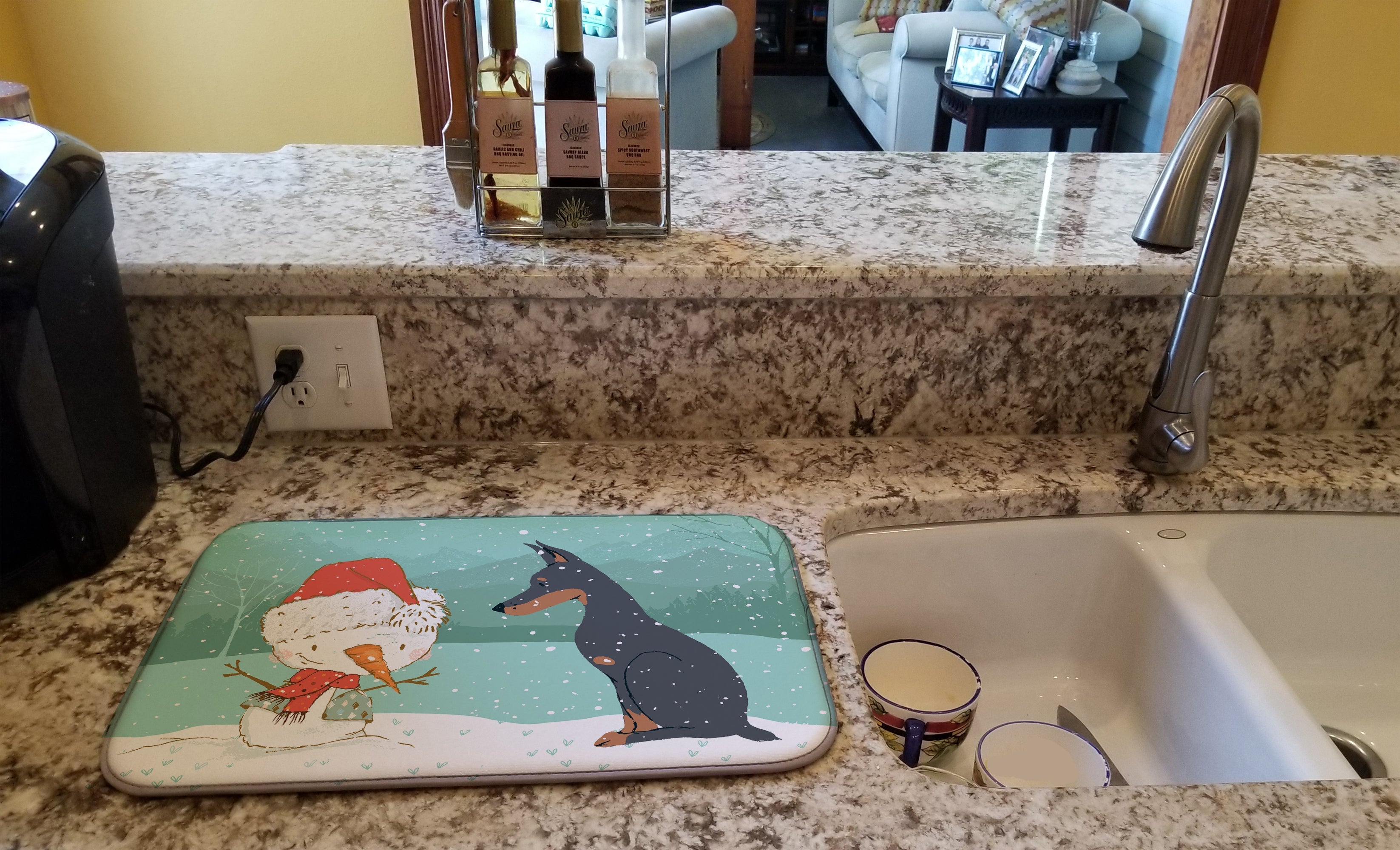 Doberman and Snowman Christmas Dish Drying Mat Absorbent Dish Drying Mat Pad for Kitchen Counter Dish Drainer Mat for Countertop, 14 x 21", Multicolor