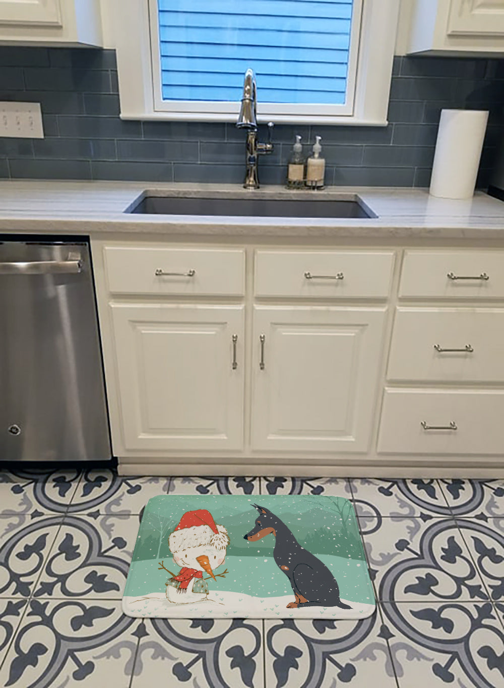 Doberman and Snowman Christmas Memory Foam Kitchen Mat Machine Washable Anti-Fatigue Cushion Comfort Bath or Kitchen Rug