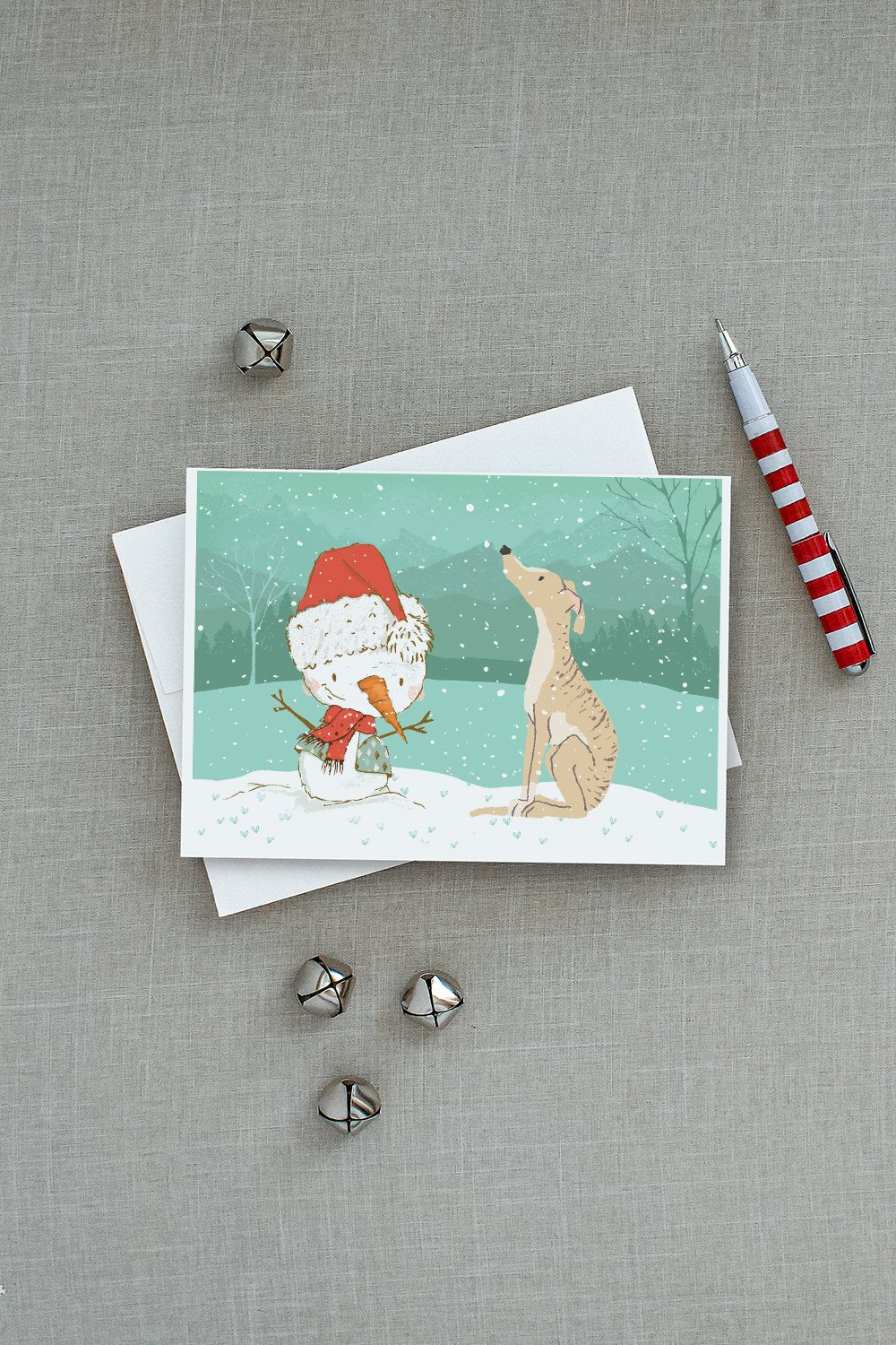 Brindle Greyhound Snowman Christmas Greeting Cards Pack of 8 Blank Cards with Envelopes Whimsical A7 Size 5x7