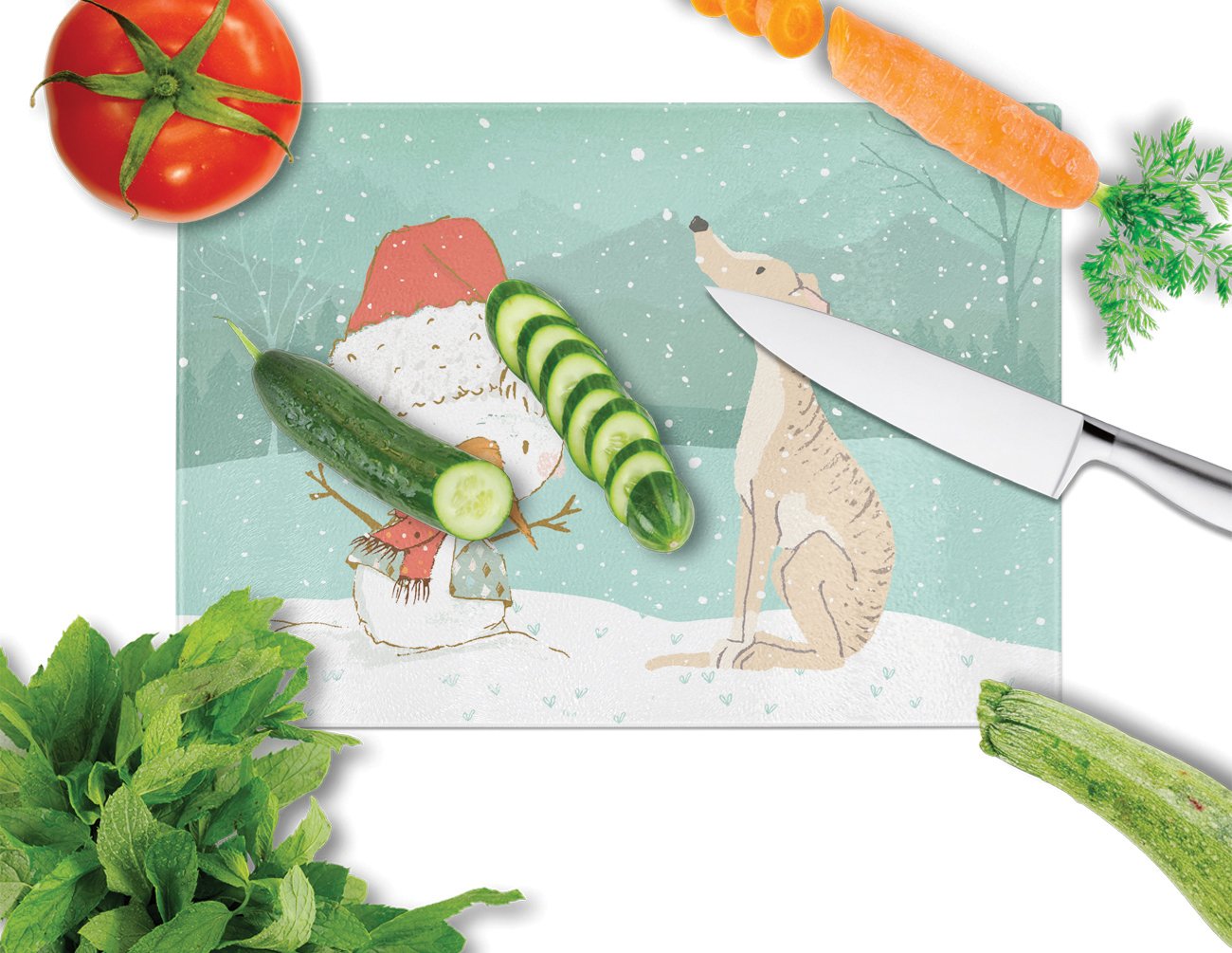 Brindle Greyhound Snowman Christmas Cutting Board Tempered Glass Kitchen Cutting Surface, Heat Resistant Chopping, Non-Slip Feet, Food Prep & Serving