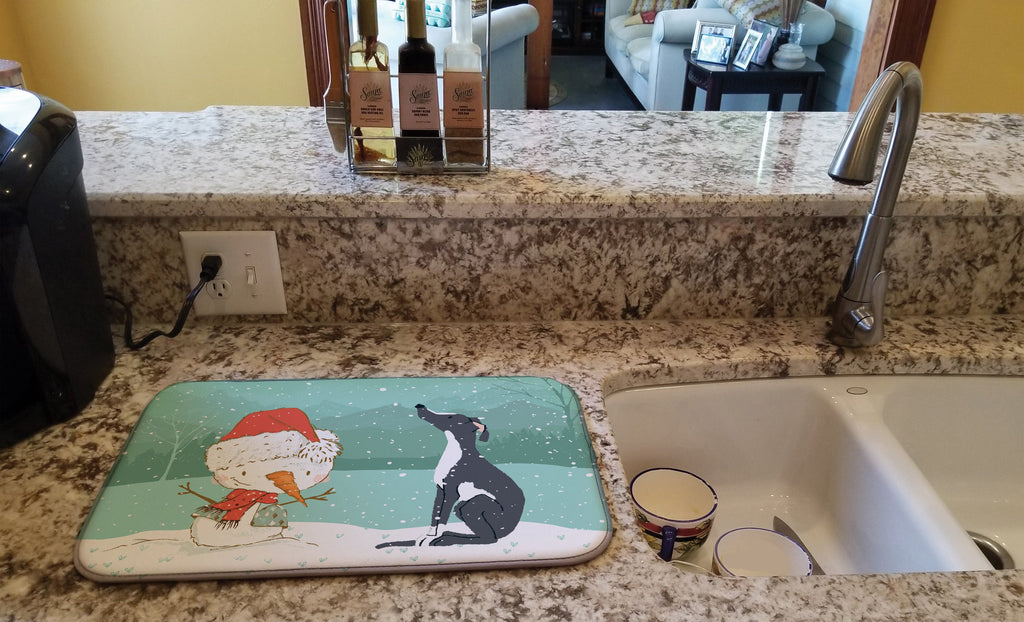 Black Greyhound Snowman Christmas Dish Drying Mat Absorbent Dish Drying Mat Pad for Kitchen Counter Dish Drainer Mat for Countertop, 14 x 21", Multicolor