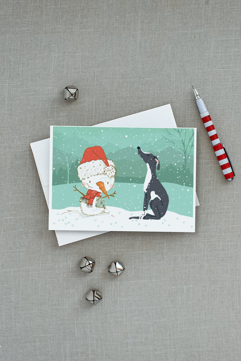 Black Greyhound Snowman Christmas Greeting Cards Pack of 8 Blank Cards with Envelopes Whimsical A7 Size 5x7