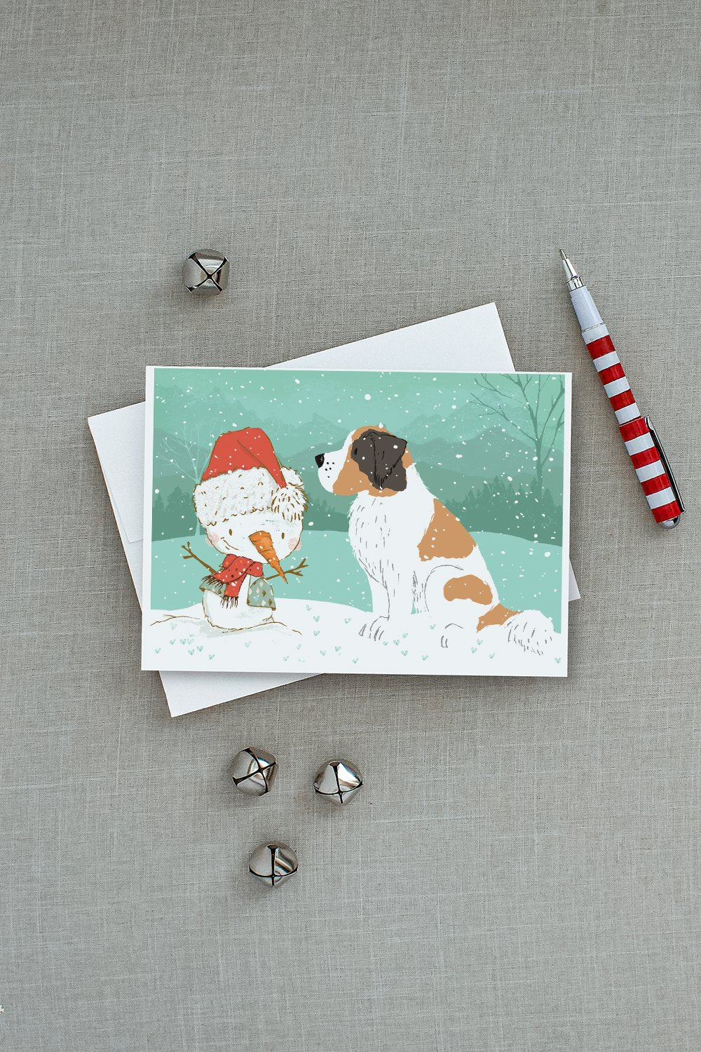 Saint Bernard Snowman Christmas Greeting Cards Pack of 8 Blank Cards with Envelopes Whimsical A7 Size 5x7