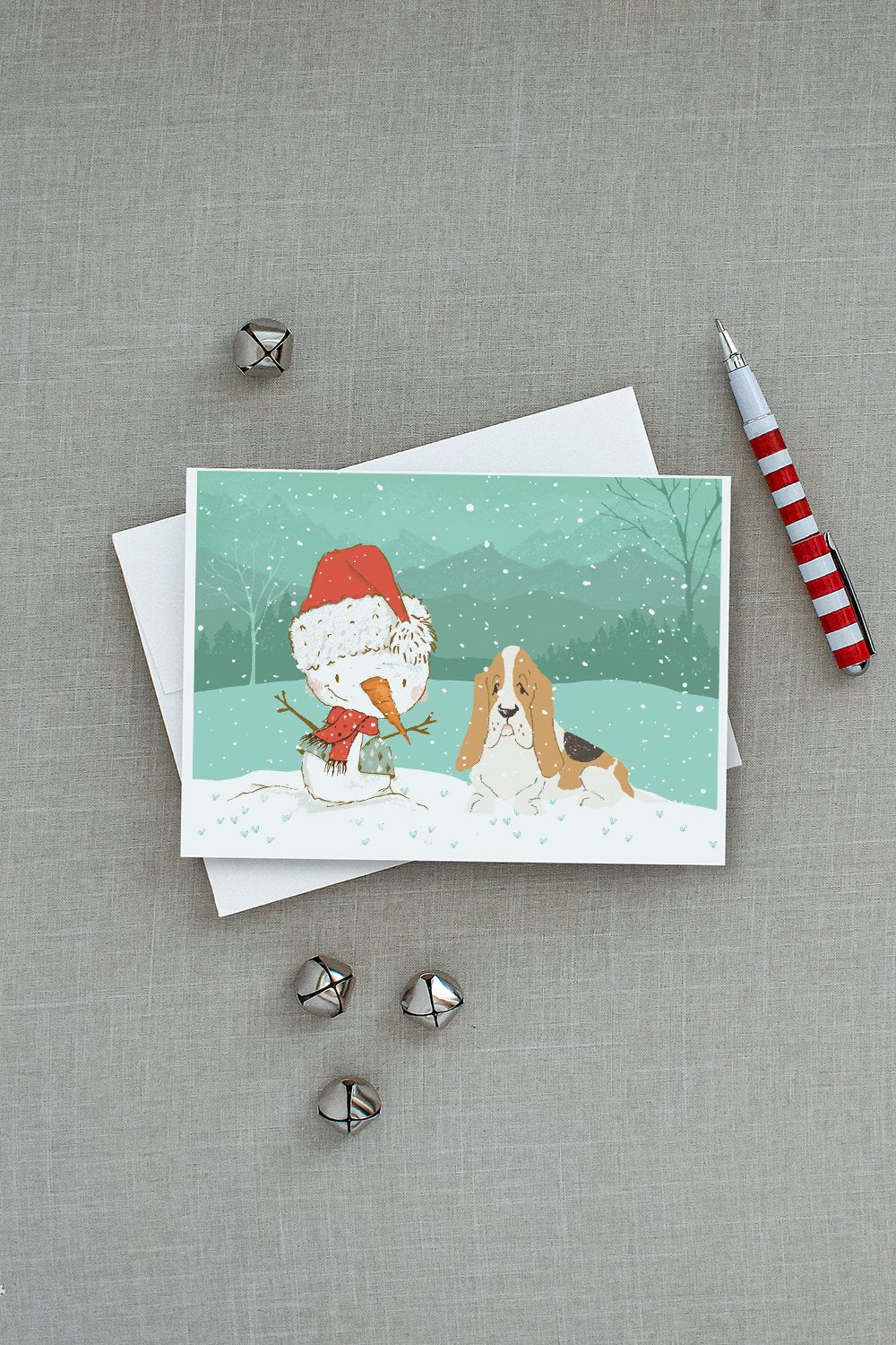 Basset Hound Snowman Christmas Greeting Cards Pack of 8 Blank Cards with Envelopes Whimsical A7 Size 5x7