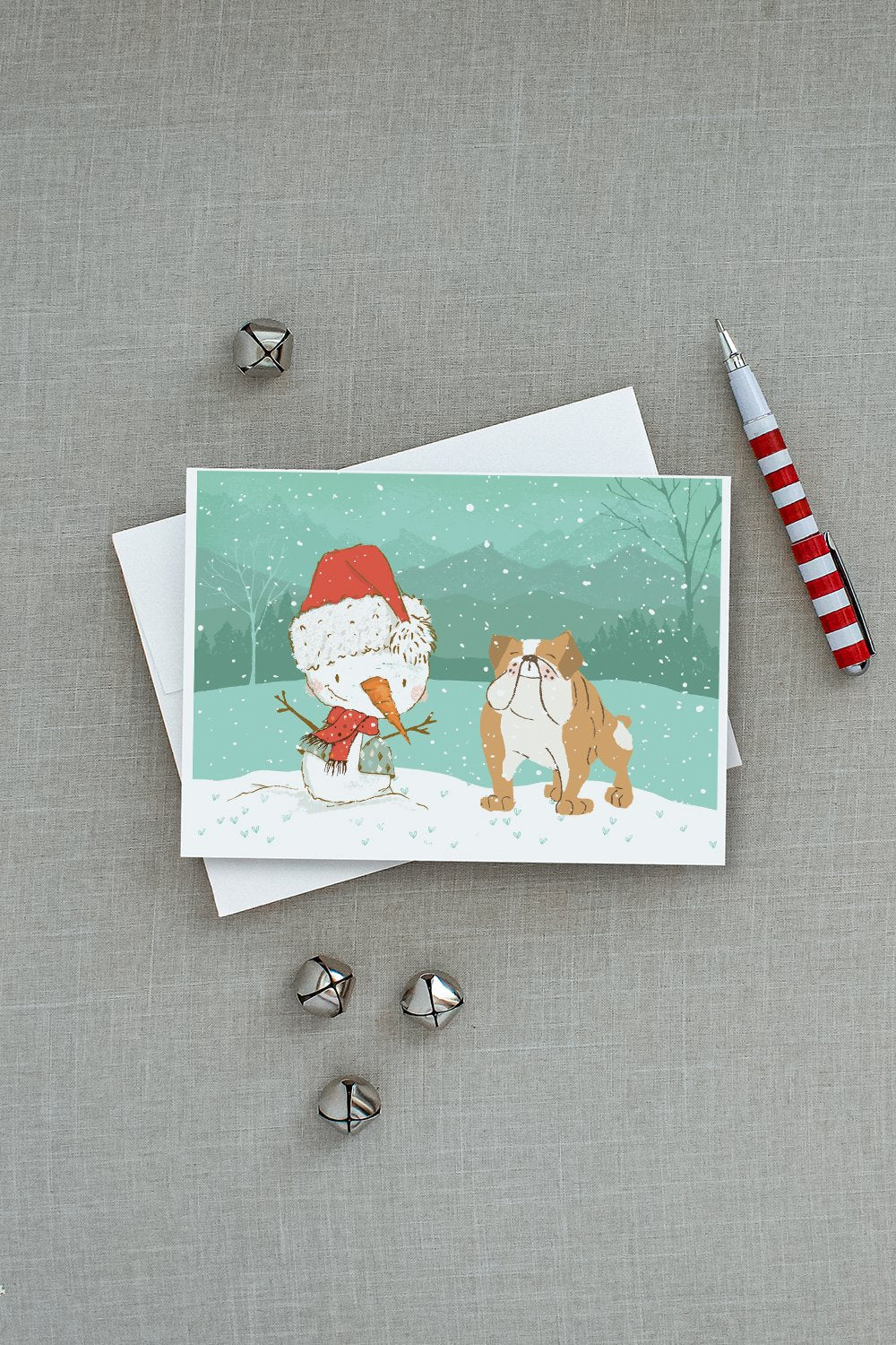 English Bulldog Snowman Christmas Greeting Cards Pack of 8 Blank Cards with Envelopes Whimsical A7 Size 5x7