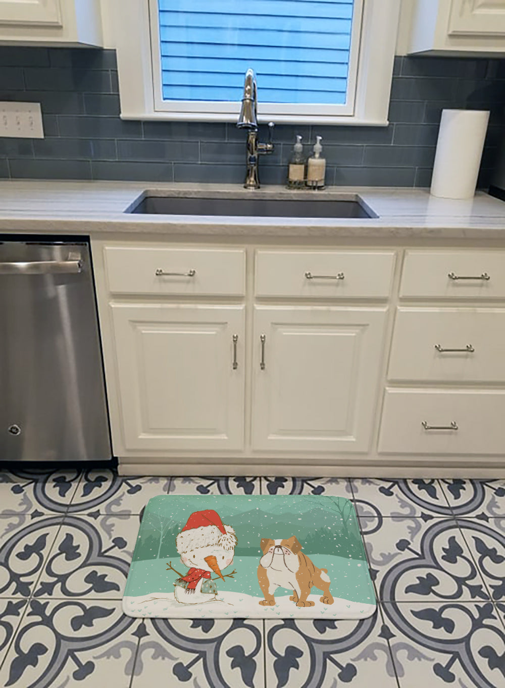 English Bulldog Snowman Christmas Memory Foam Kitchen Mat Machine Washable Anti-Fatigue Cushion Comfort Bath or Kitchen Rug