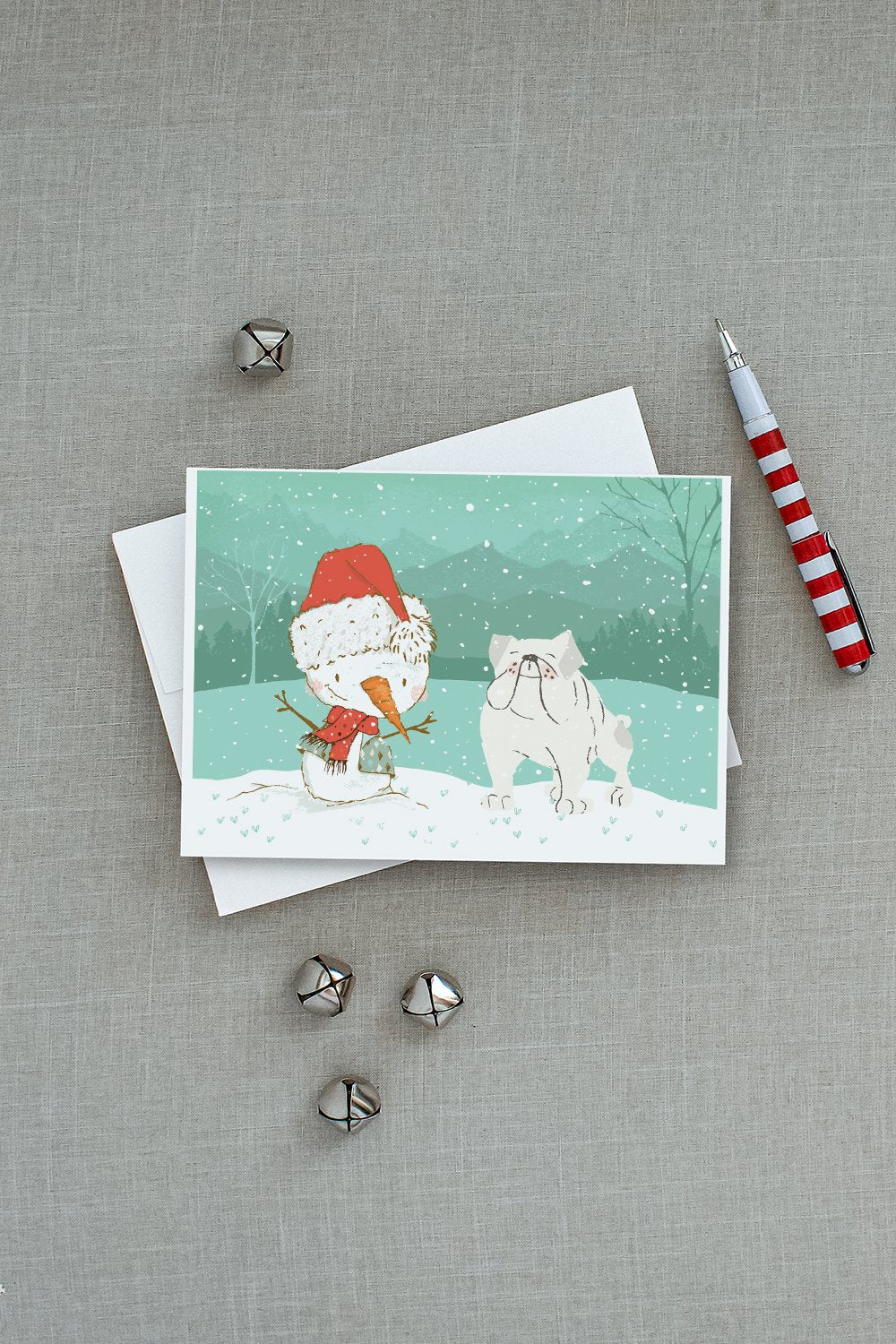 White English Bulldog Snowman Christmas Greeting Cards Pack of 8 Blank Cards with Envelopes Whimsical A7 Size 5x7
