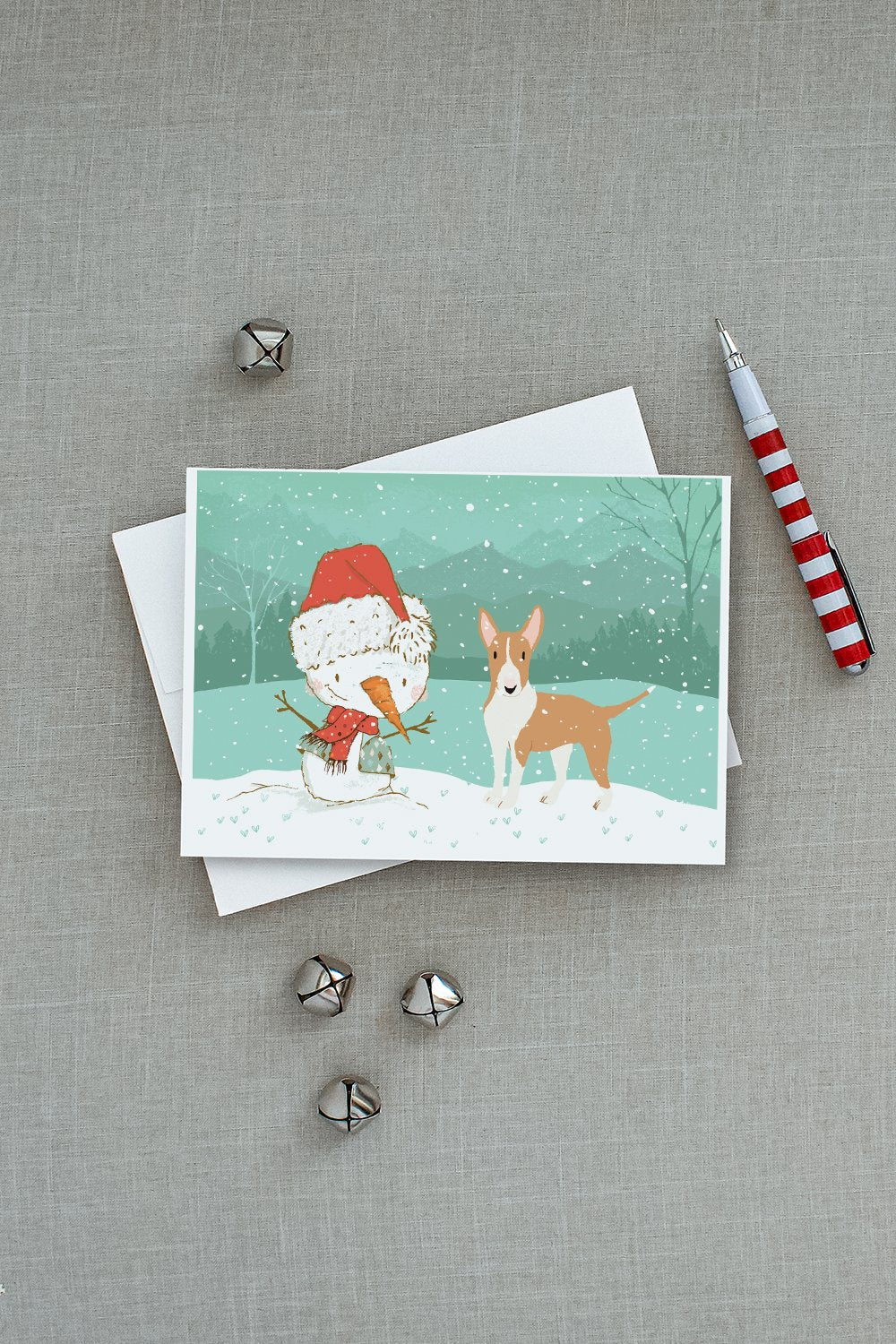 Fawn Bull Terrier Snowman Christmas Greeting Cards Pack of 8 Blank Cards with Envelopes Whimsical A7 Size 5x7