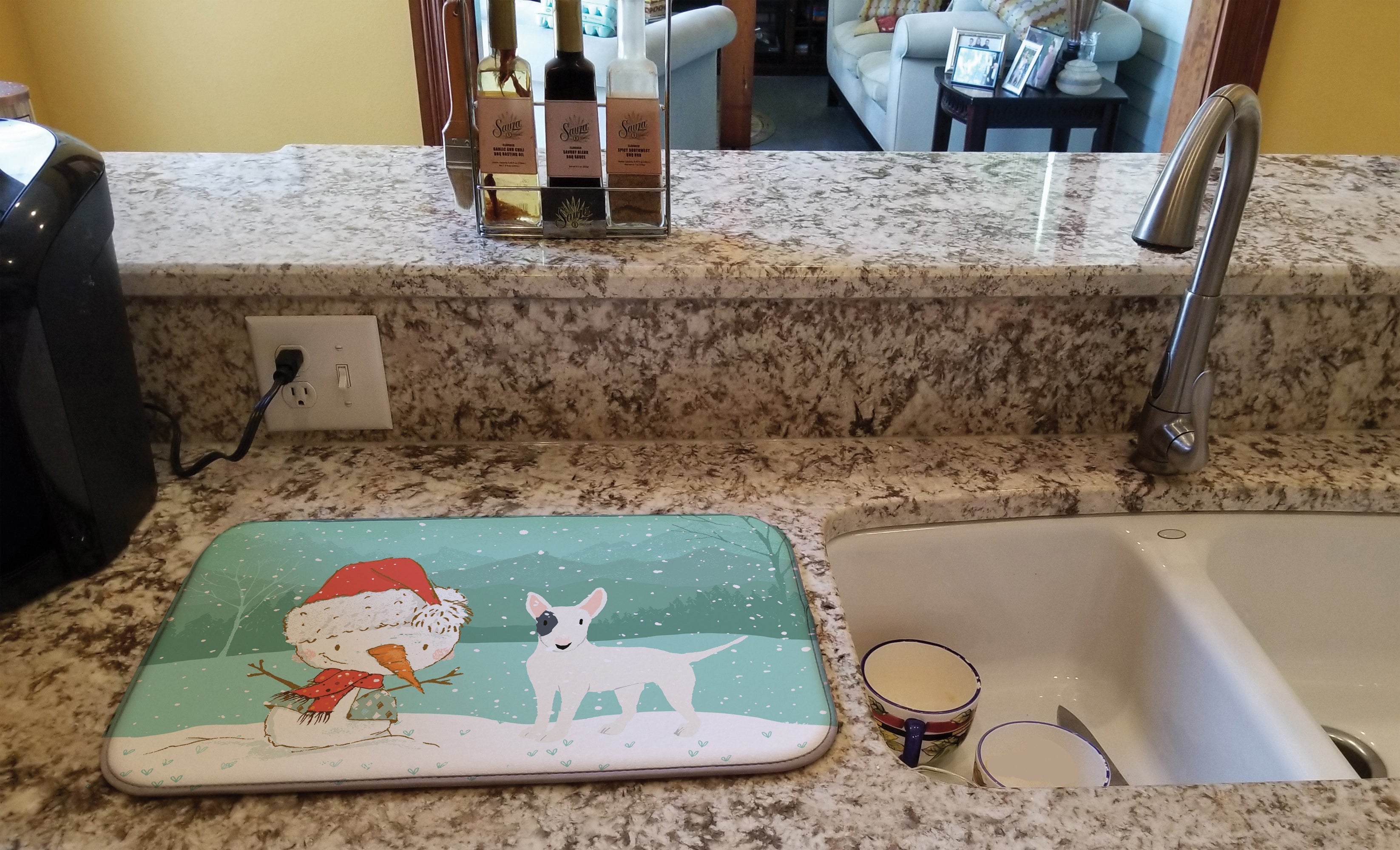White Spot Bull Terrier Snowman Christmas Dish Drying Mat Absorbent Dish Drying Mat Pad for Kitchen Counter Dish Drainer Mat for Countertop, 14 x 21", Multicolor