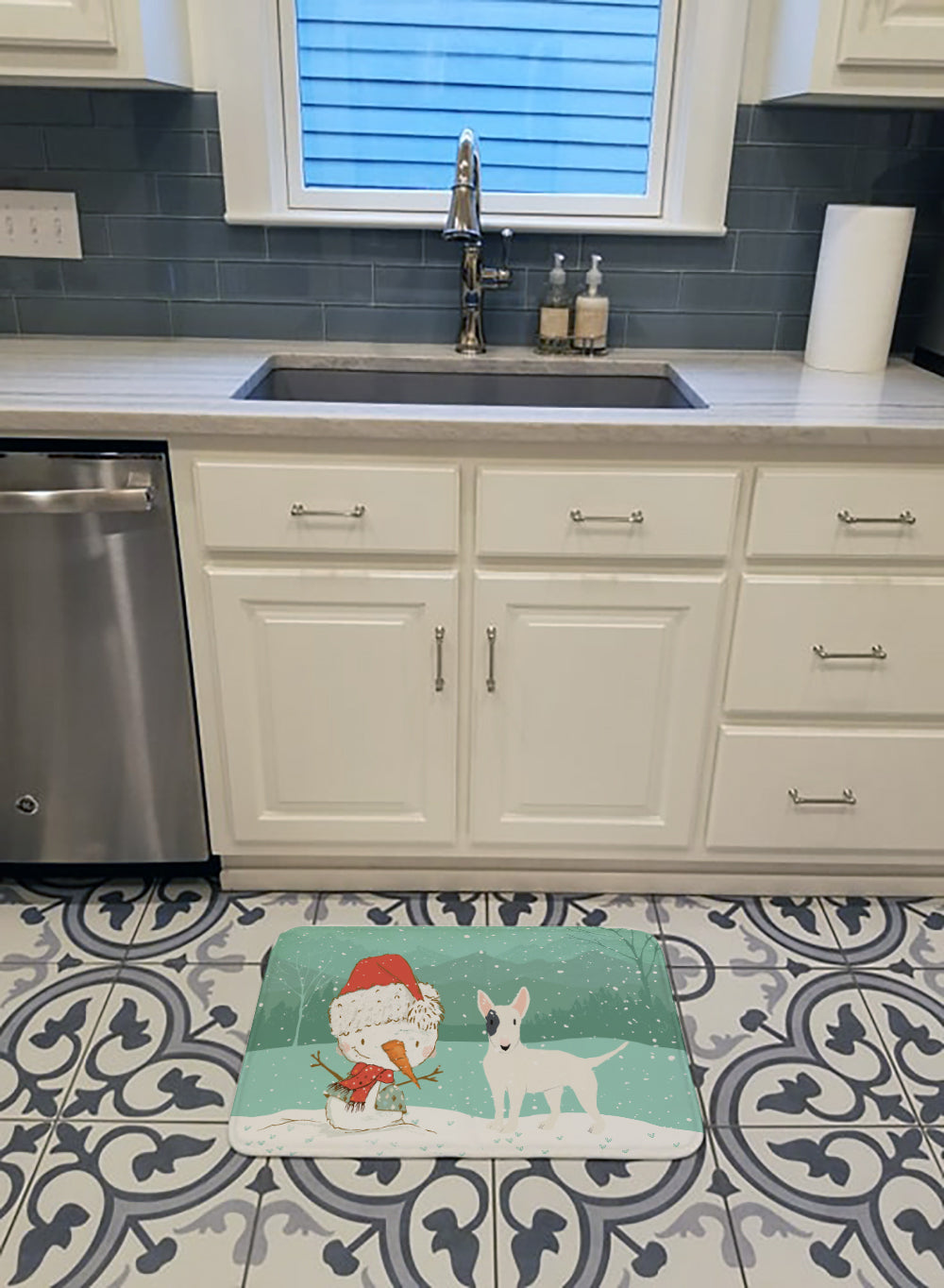White Spot Bull Terrier Snowman Christmas Memory Foam Kitchen Mat Machine Washable Anti-Fatigue Cushion Comfort Bath or Kitchen Rug