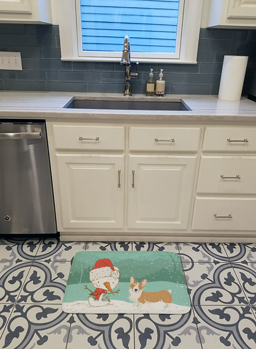 Pembroke Corgi Snowman Christmas Memory Foam Kitchen Mat Machine Washable Anti-Fatigue Cushion Comfort Bath or Kitchen Rug