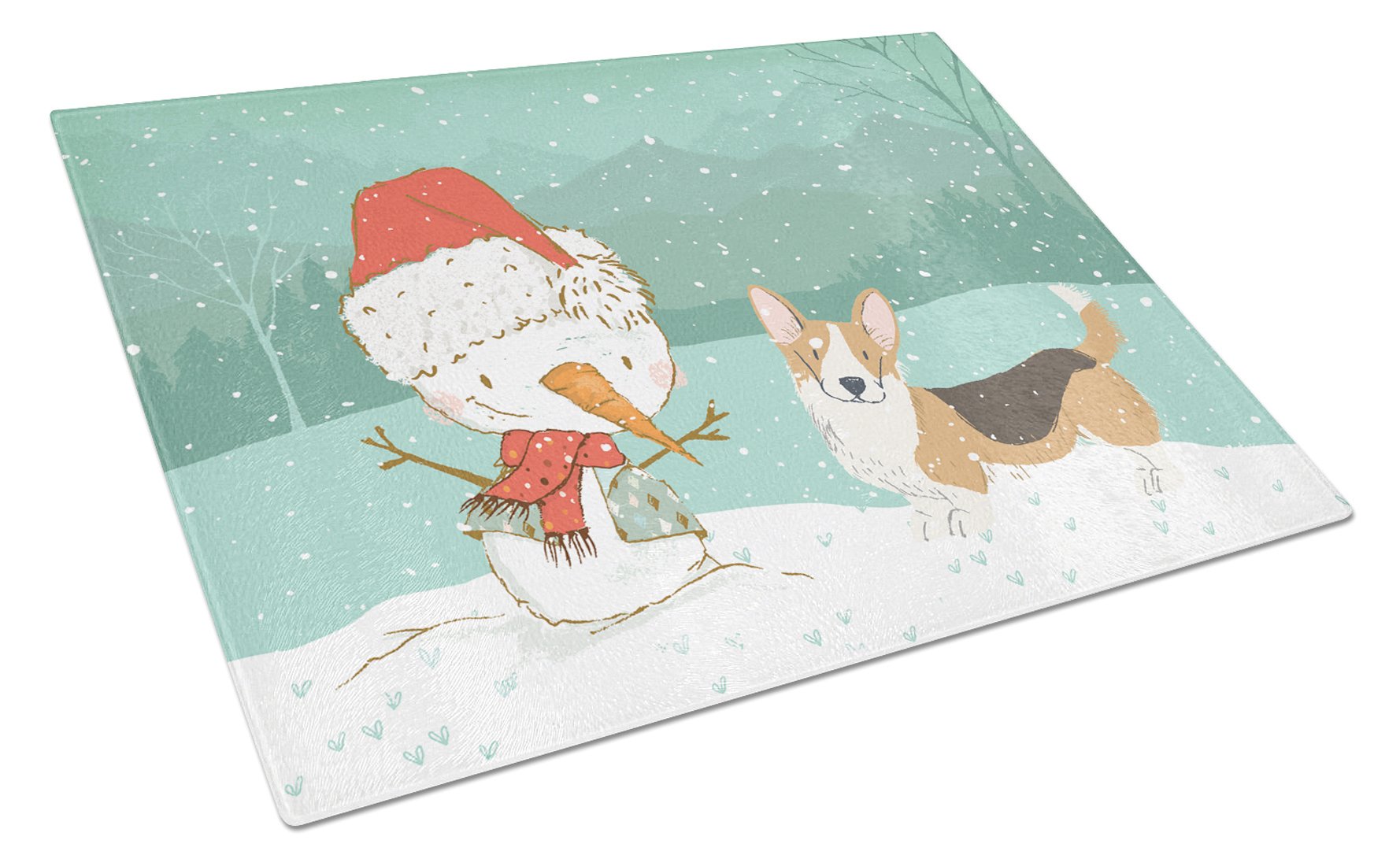 Tricolor Cardigan Corgi Snowman Christmas Cutting Board Tempered Glass Kitchen Cutting Surface, Heat Resistant Chopping, Non-Slip Feet, Food Prep & Serving