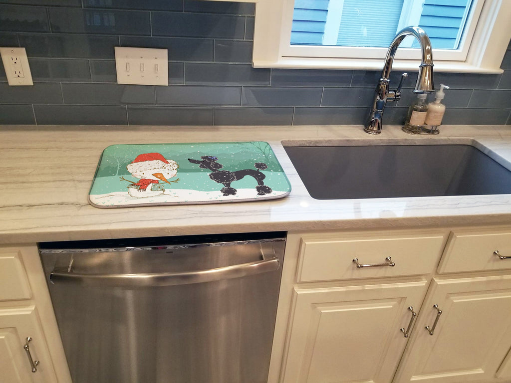 Black Poodle Snowman Christmas Dish Drying Mat Absorbent Dish Drying Mat Pad for Kitchen Counter Dish Drainer Mat for Countertop, 14 x 21", Multicolor