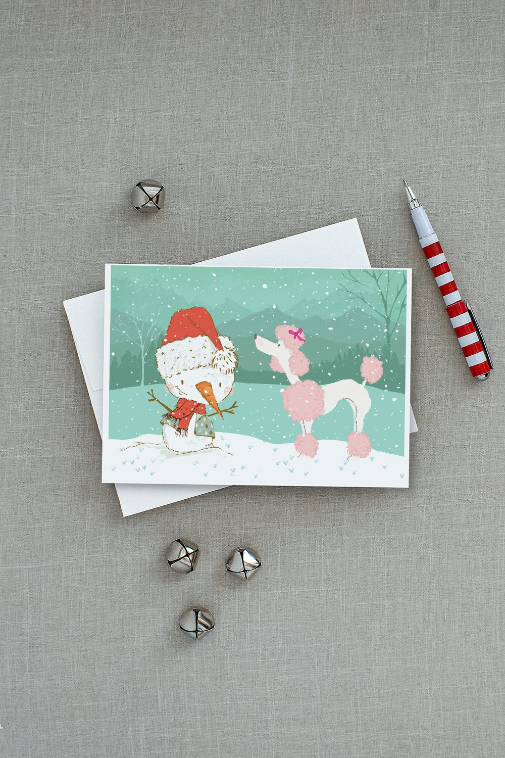 Pink Poodle Snowman Christmas Greeting Cards Pack of 8 Blank Cards with Envelopes Whimsical A7 Size 5x7