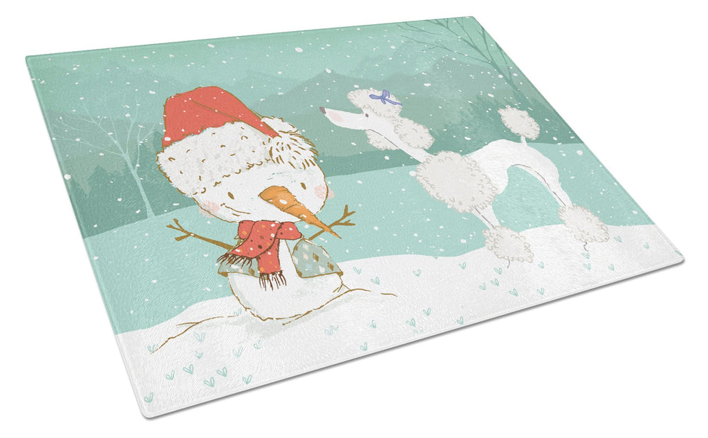 White Poodle Snowman Christmas Cutting Board Tempered Glass Kitchen Cutting Surface, Heat Resistant Chopping, Non-Slip Feet, Food Prep & Serving