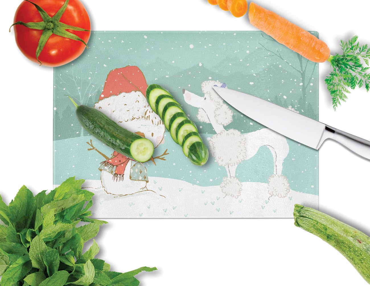 White Poodle Snowman Christmas Cutting Board Tempered Glass Kitchen Cutting Surface, Heat Resistant Chopping, Non-Slip Feet, Food Prep & Serving