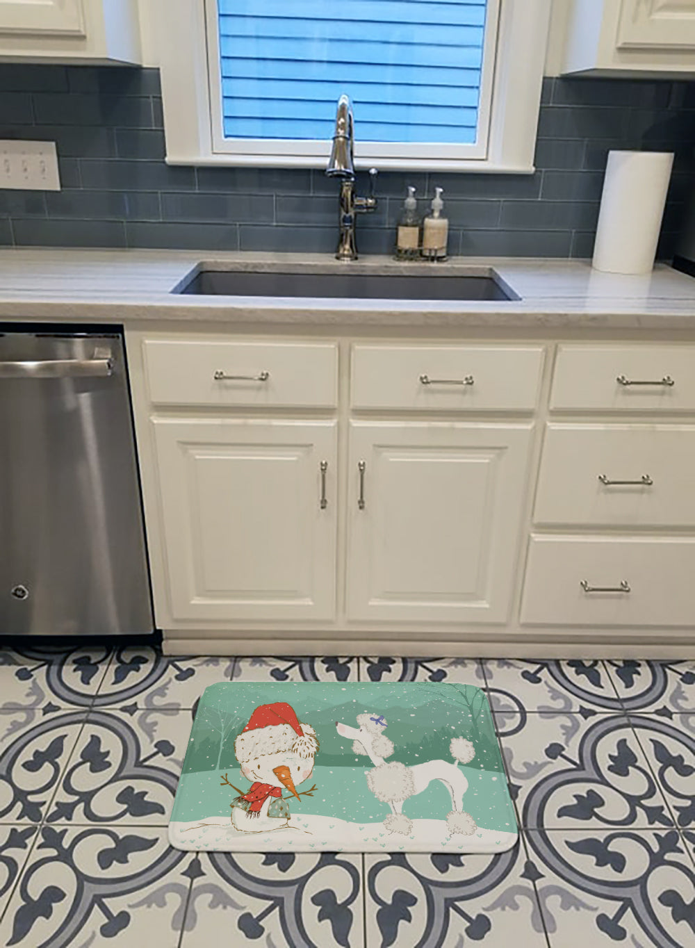 White Poodle Snowman Christmas Memory Foam Kitchen Mat Machine Washable Anti-Fatigue Cushion Comfort Bath or Kitchen Rug