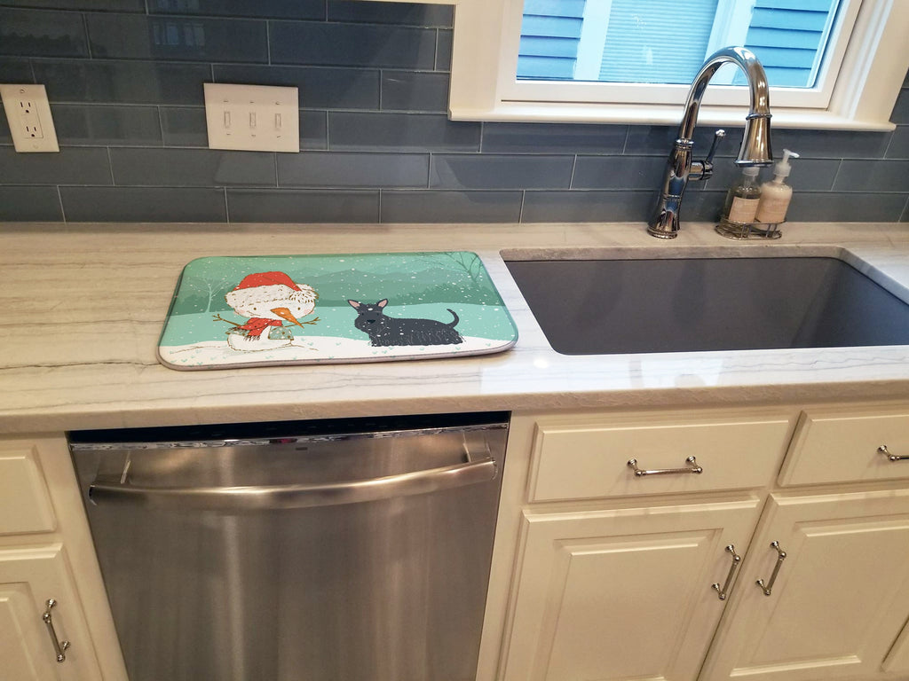 Scottish Terrier Snowman Christmas Dish Drying Mat Absorbent Dish Drying Mat Pad for Kitchen Counter Dish Drainer Mat for Countertop, 14 x 21", Multicolor