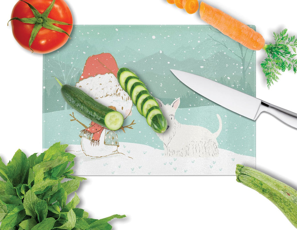 Wheaten Scottish Terrier Snowman Christmas Cutting Board Tempered Glass Kitchen Cutting Surface, Heat Resistant Chopping, Non-Slip Feet, Food Prep & Serving