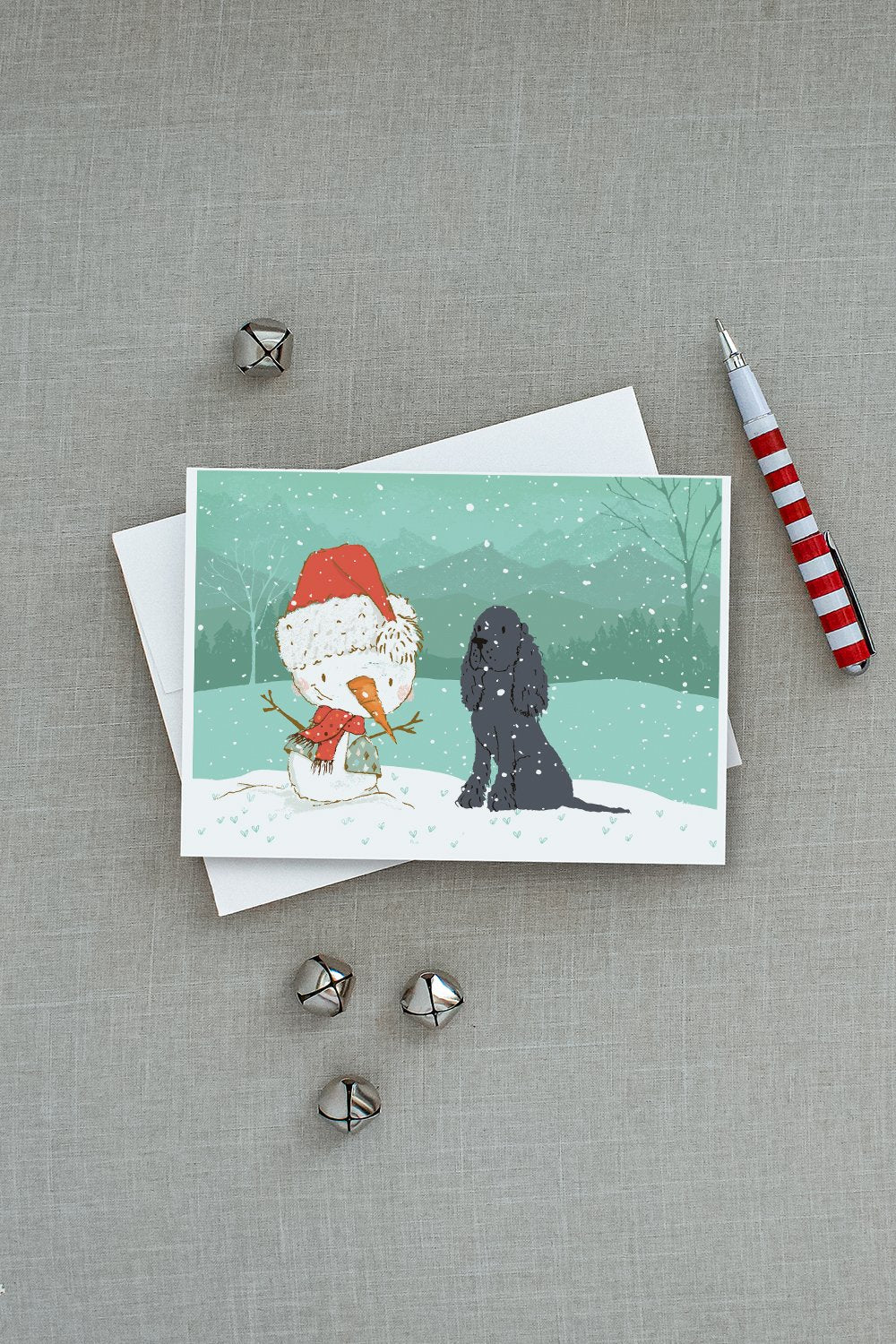 Black Spaniel Snowman Christmas Greeting Cards Pack of 8 Blank Cards with Envelopes Whimsical A7 Size 5x7