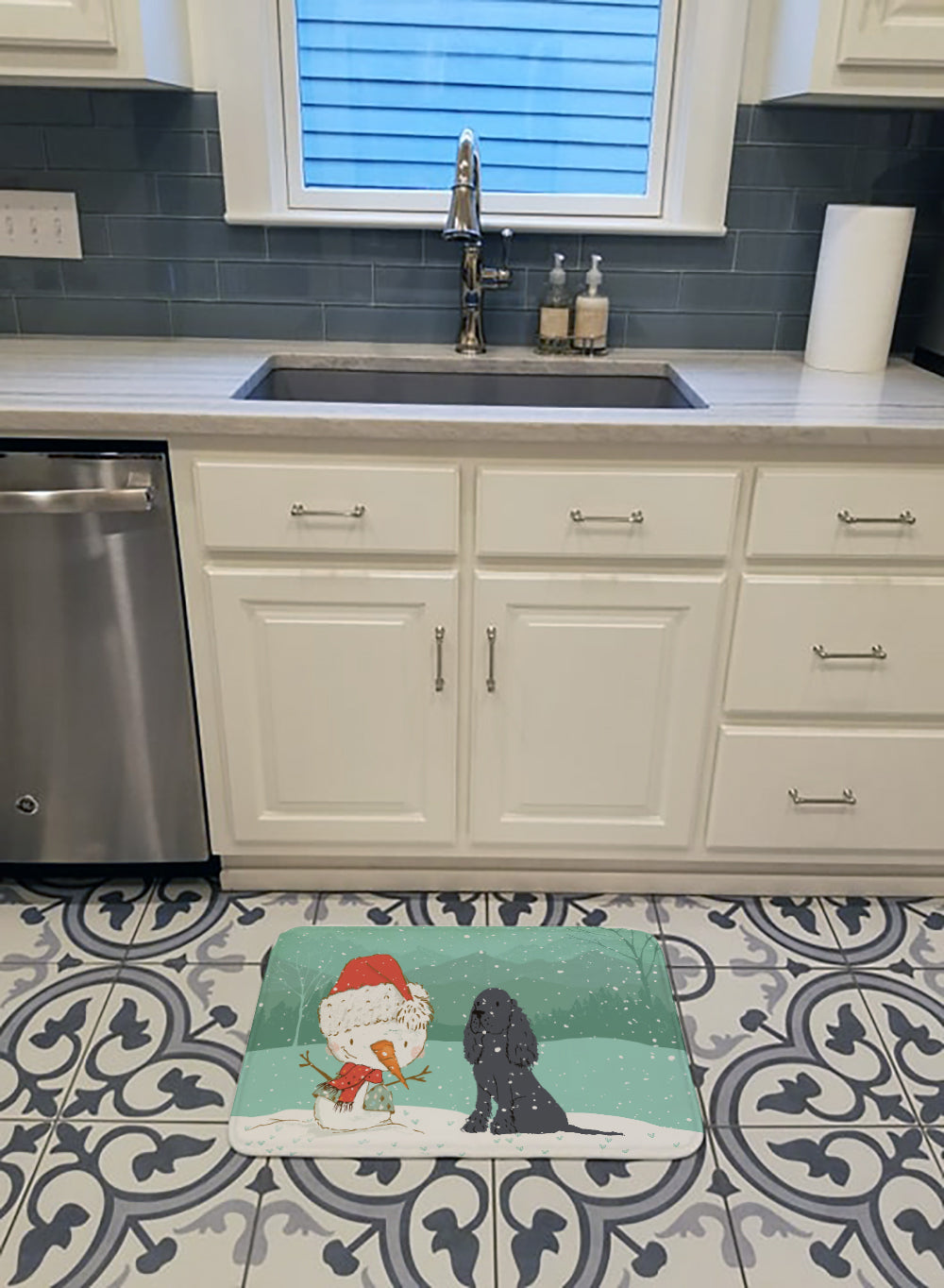Black Spaniel Snowman Christmas Memory Foam Kitchen Mat Machine Washable Anti-Fatigue Cushion Comfort Bath or Kitchen Rug