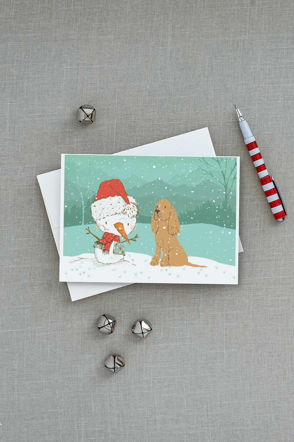 Tan Spaniel Snowman Christmas Greeting Cards Pack of 8 Blank Cards with Envelopes Whimsical A7 Size 5x7