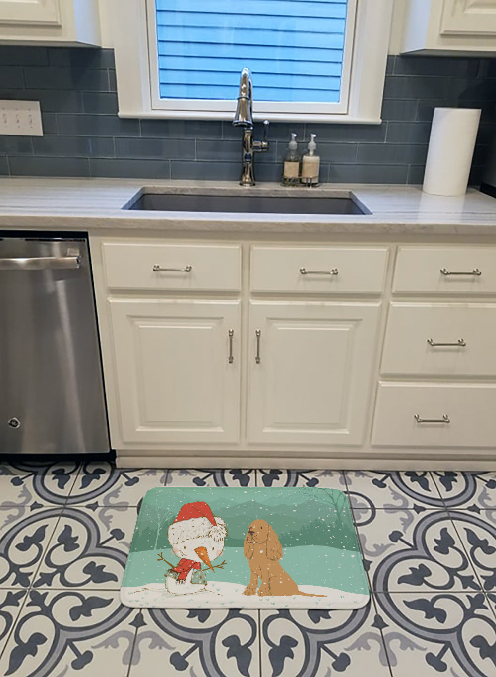 Tan Spaniel Snowman Christmas Memory Foam Kitchen Mat Machine Washable Anti-Fatigue Cushion Comfort Bath or Kitchen Rug