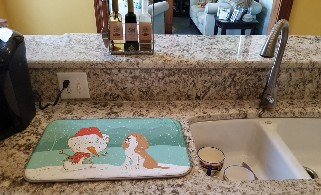 Red Spaniel Snowman Christmas Dish Drying Mat Absorbent Dish Drying Mat Pad for Kitchen Counter Dish Drainer Mat for Countertop, 14 x 21", Multicolor