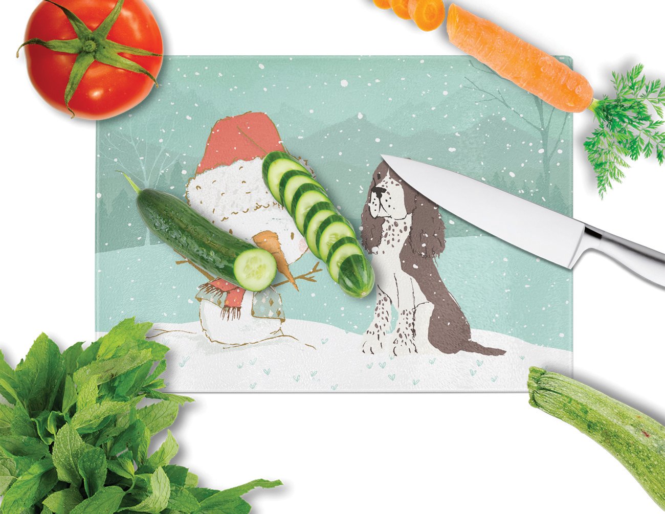 Brown English Springer Spaniel Snowman Christmas Cutting Board Tempered Glass Kitchen Cutting Surface, Heat Resistant Chopping, Non-Slip Feet, Food Prep & Serving