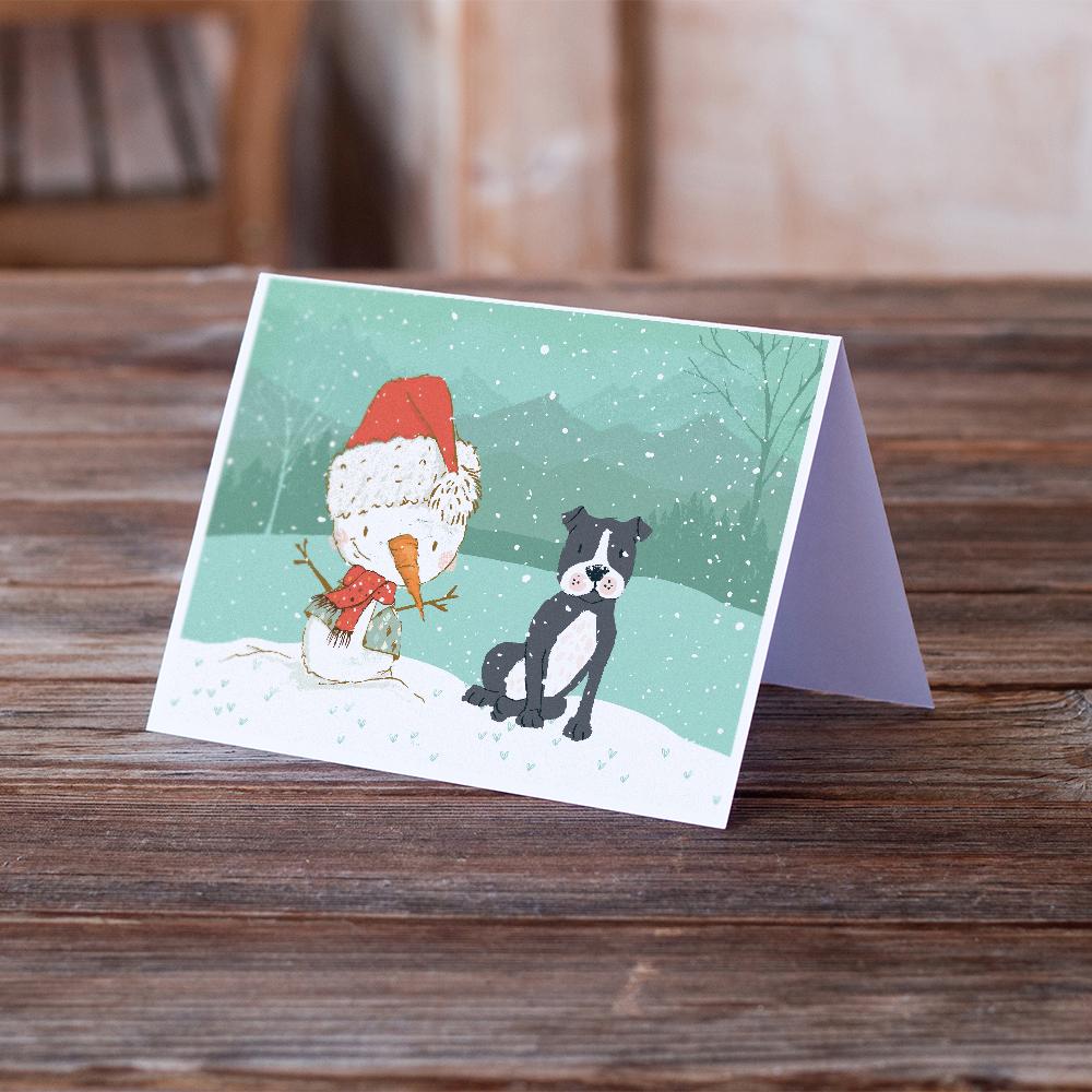 Black Staffie Snowman Christmas Greeting Cards Pack of 8 Blank Cards with Envelopes Whimsical A7 Size 5x7