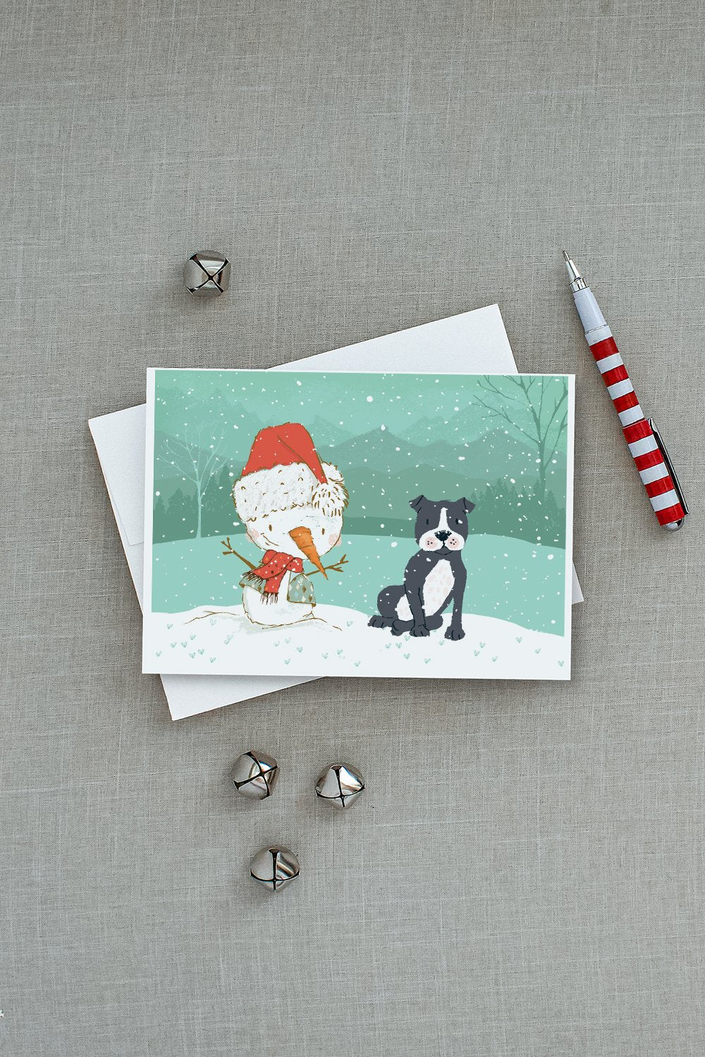 Black Staffie Snowman Christmas Greeting Cards Pack of 8 Blank Cards with Envelopes Whimsical A7 Size 5x7